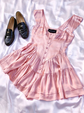 SAMPLE: The Elisabeth Romper Dress - Baby Pink Satin