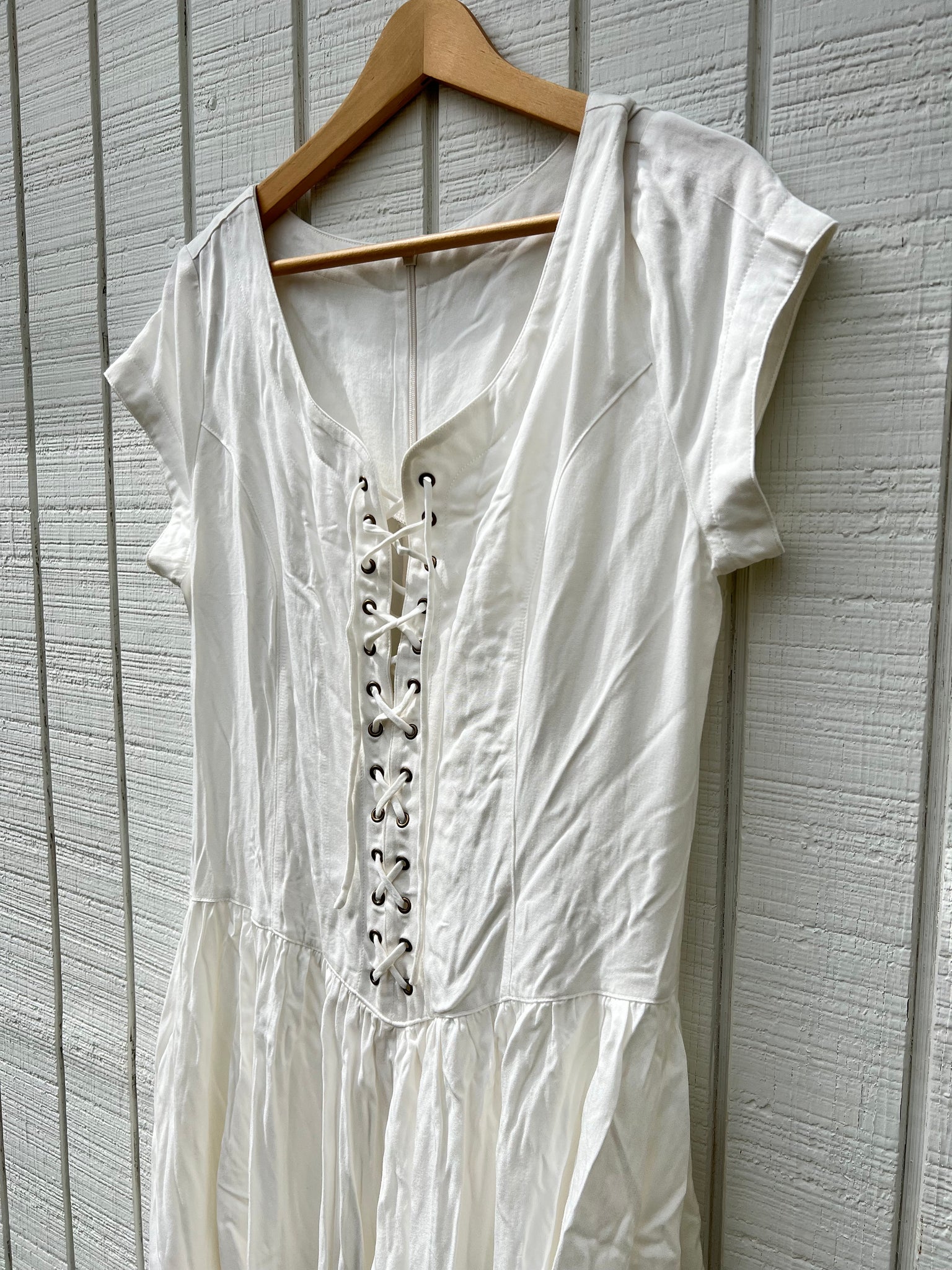 SAMPLE:  White Rayon Lace-Up Midi Dress