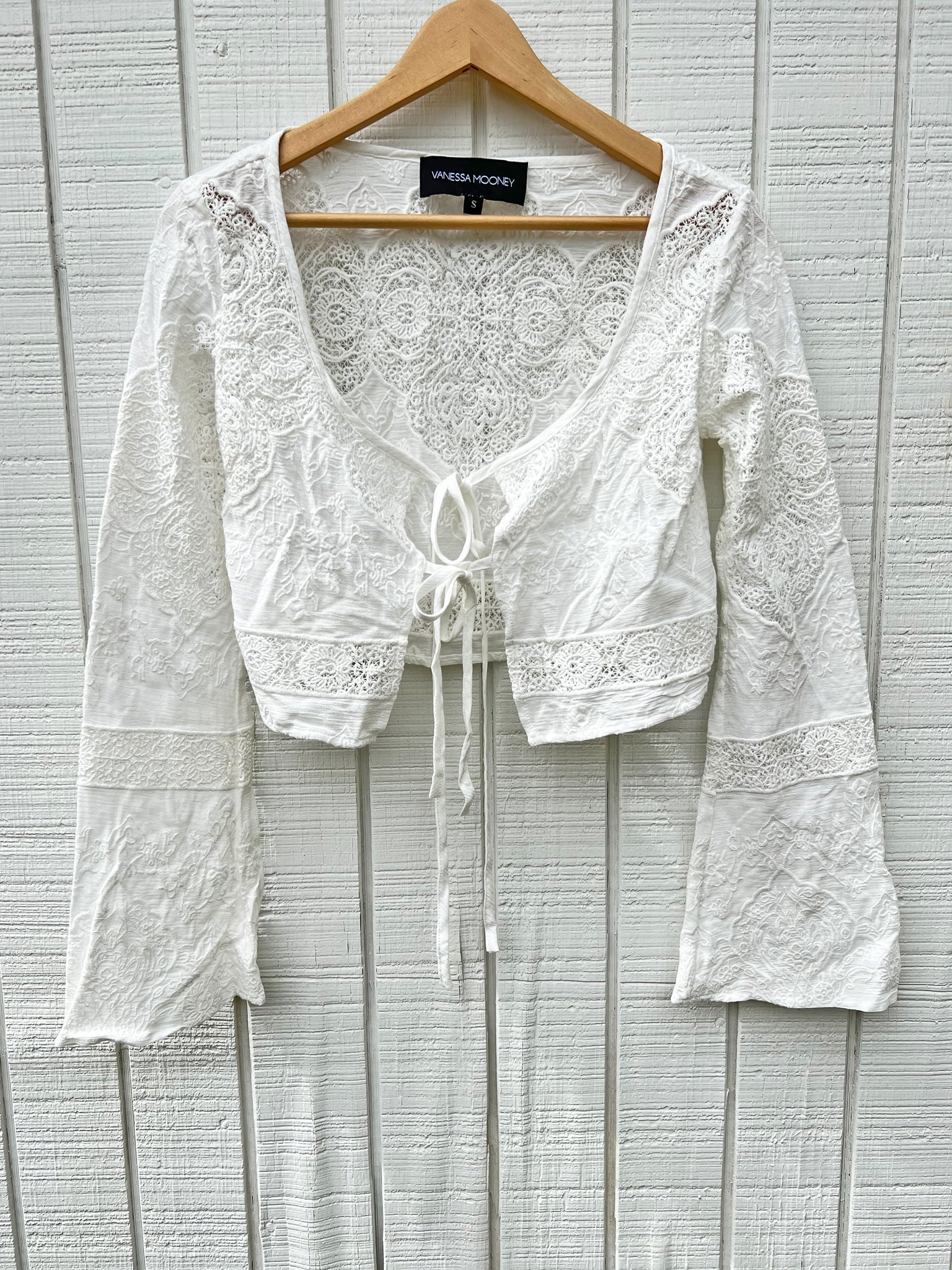 SAMPLE:  White Lace-Up Bell Sleeve Crop Top