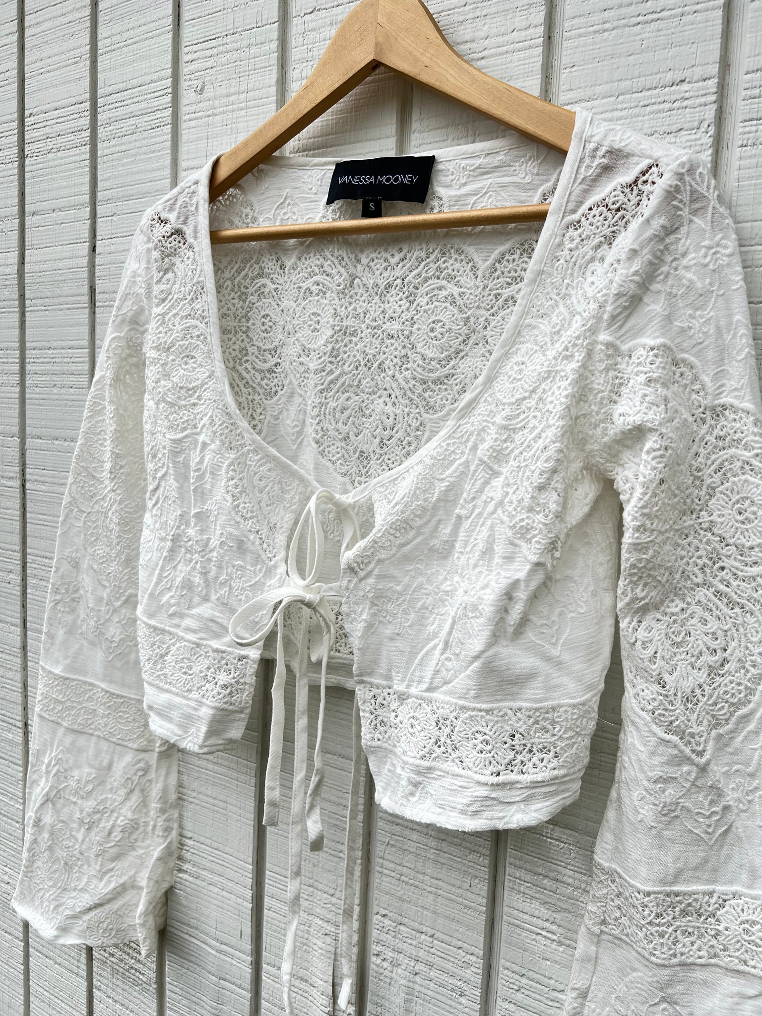 SAMPLE:  White Lace-Up Bell Sleeve Crop Top
