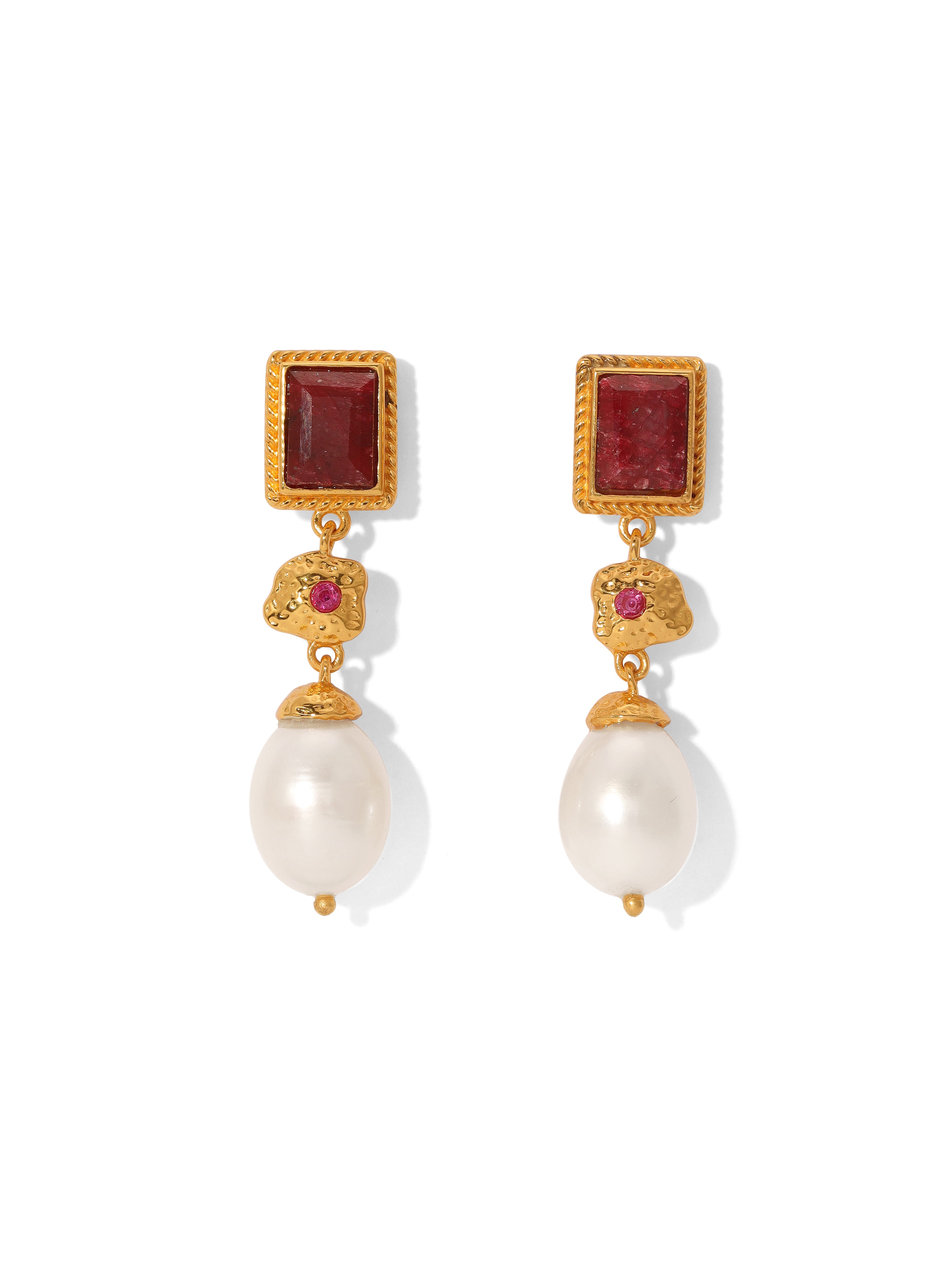 Big Size Pear Shape Cream Color Pearls Oval Ruby Cabochon 14 Karat Gold  Earrings For Sale at 1stDibs