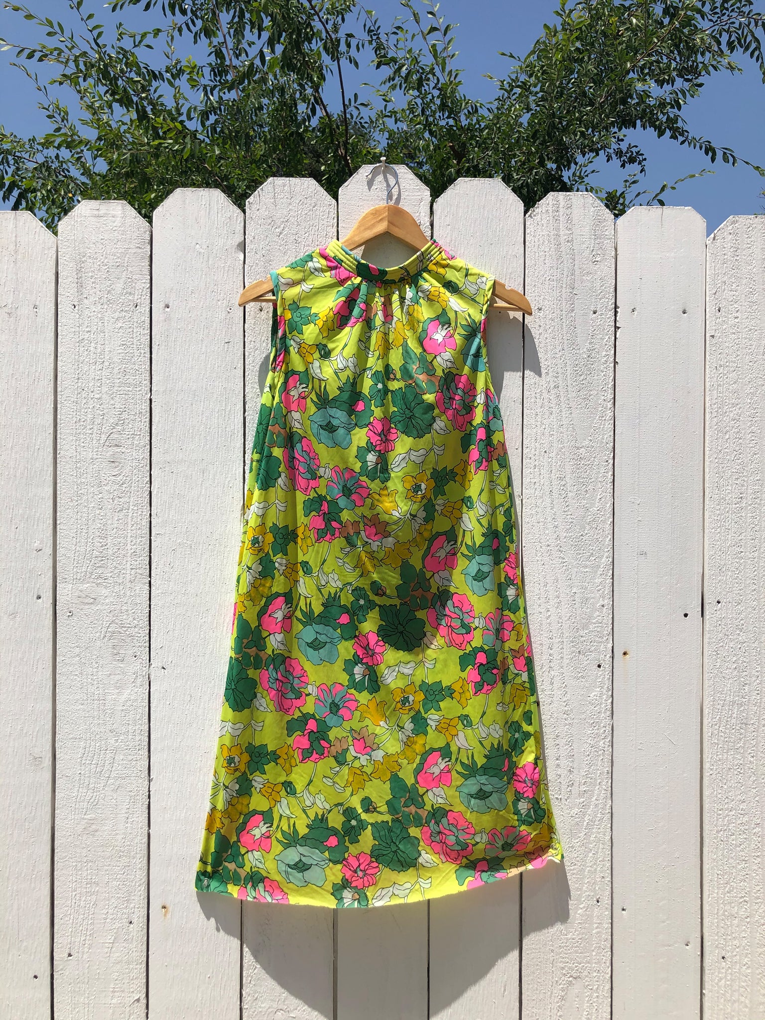 VINTAGE: Neon Flower Mini Dress - Yellow