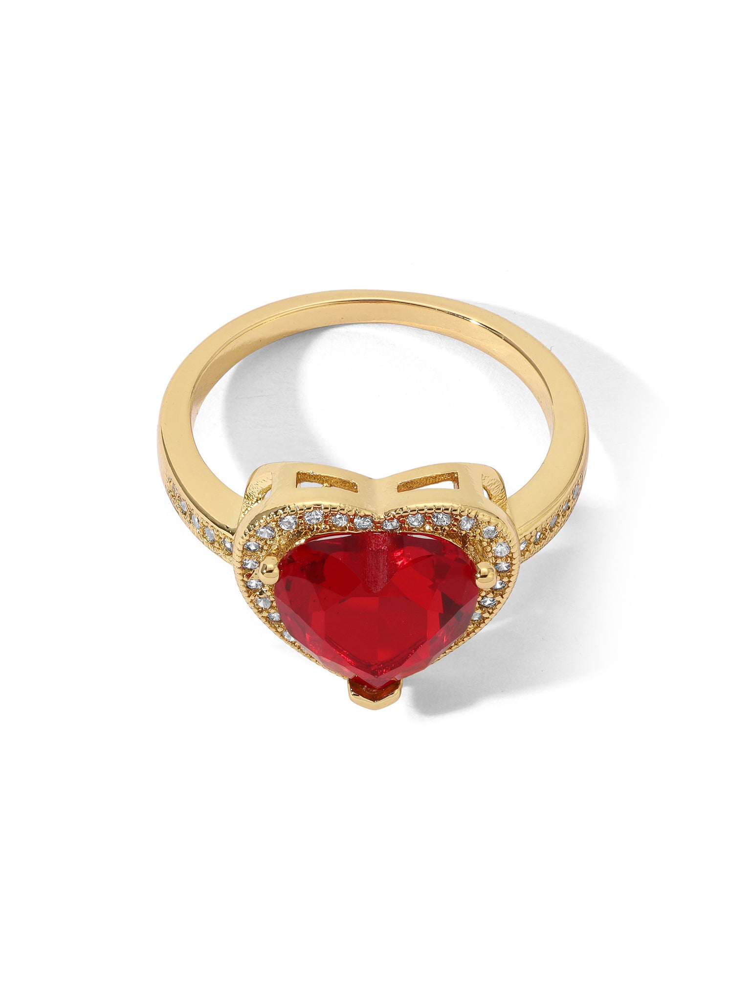 Red Crystal Heart Wide Band Ring in Gold | Jewellery | Lisa Angel