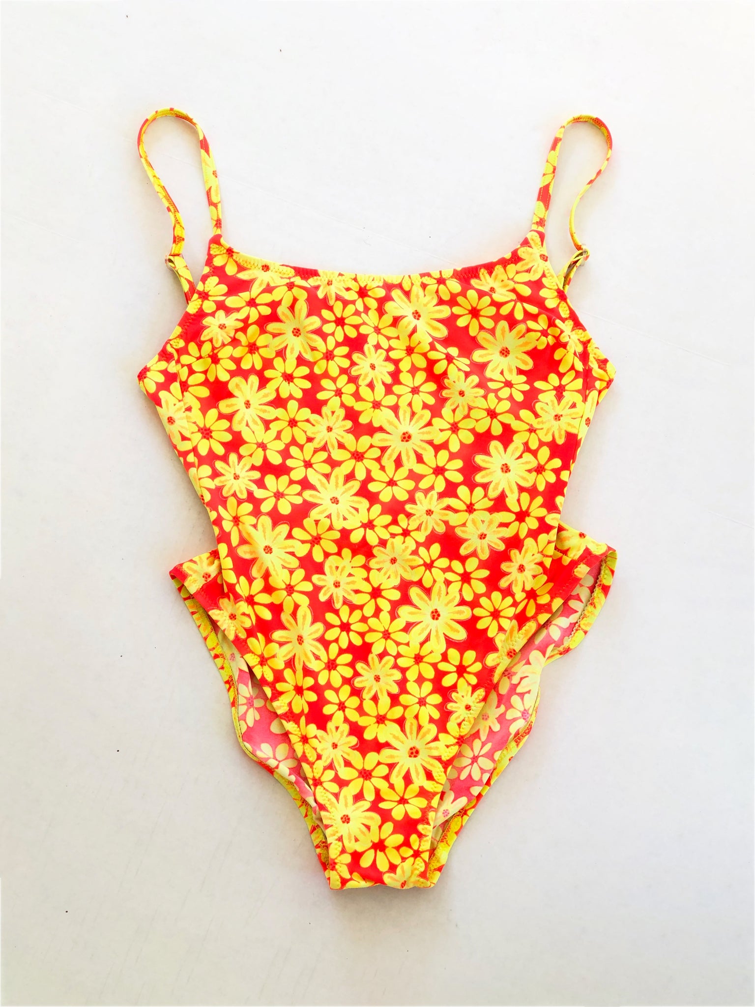 VINTAGE: Neon Orange Floral One-Piece Swimsuit