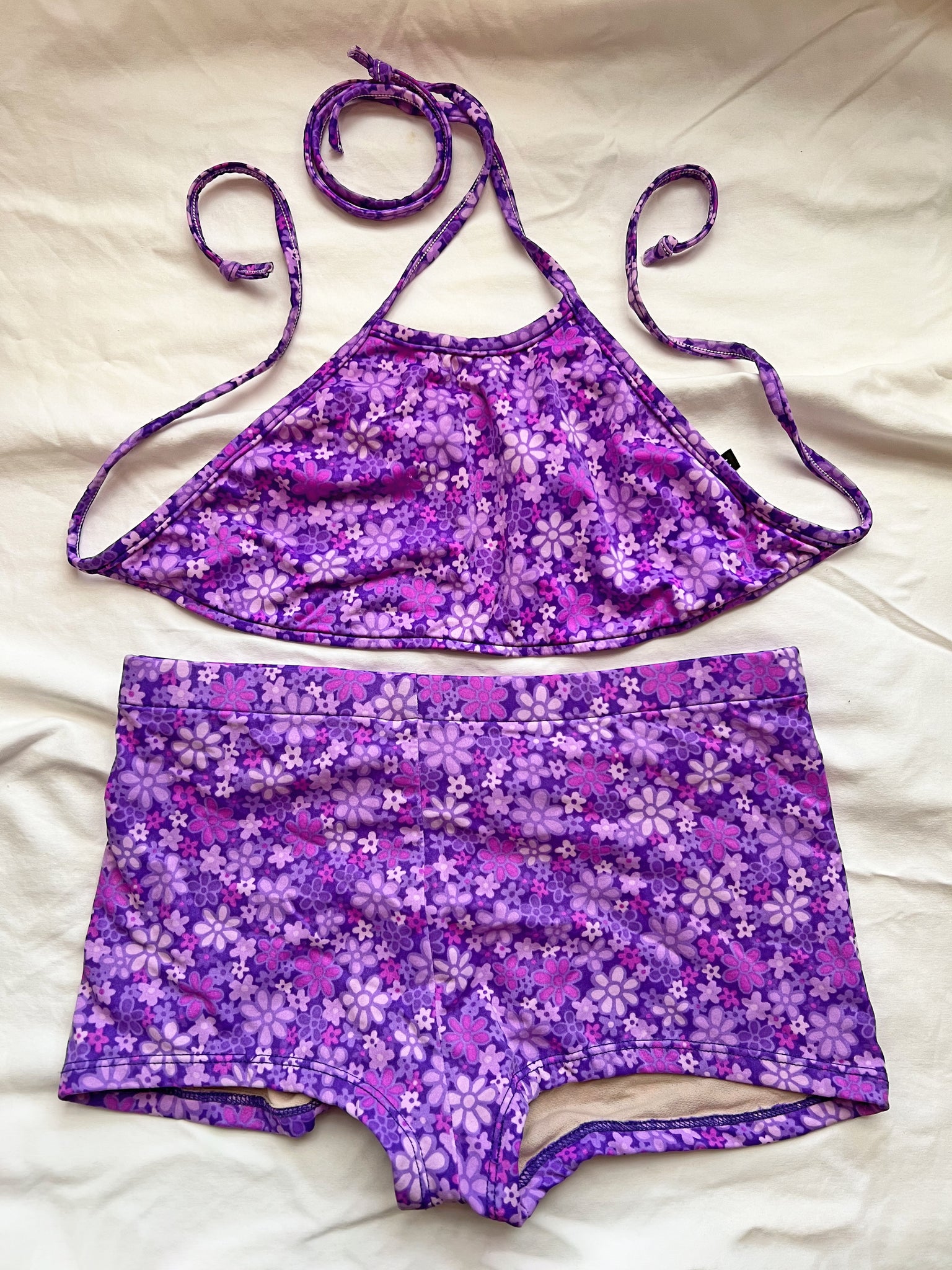 VINTAGE: Purple Halter & Shorts Bikini Set