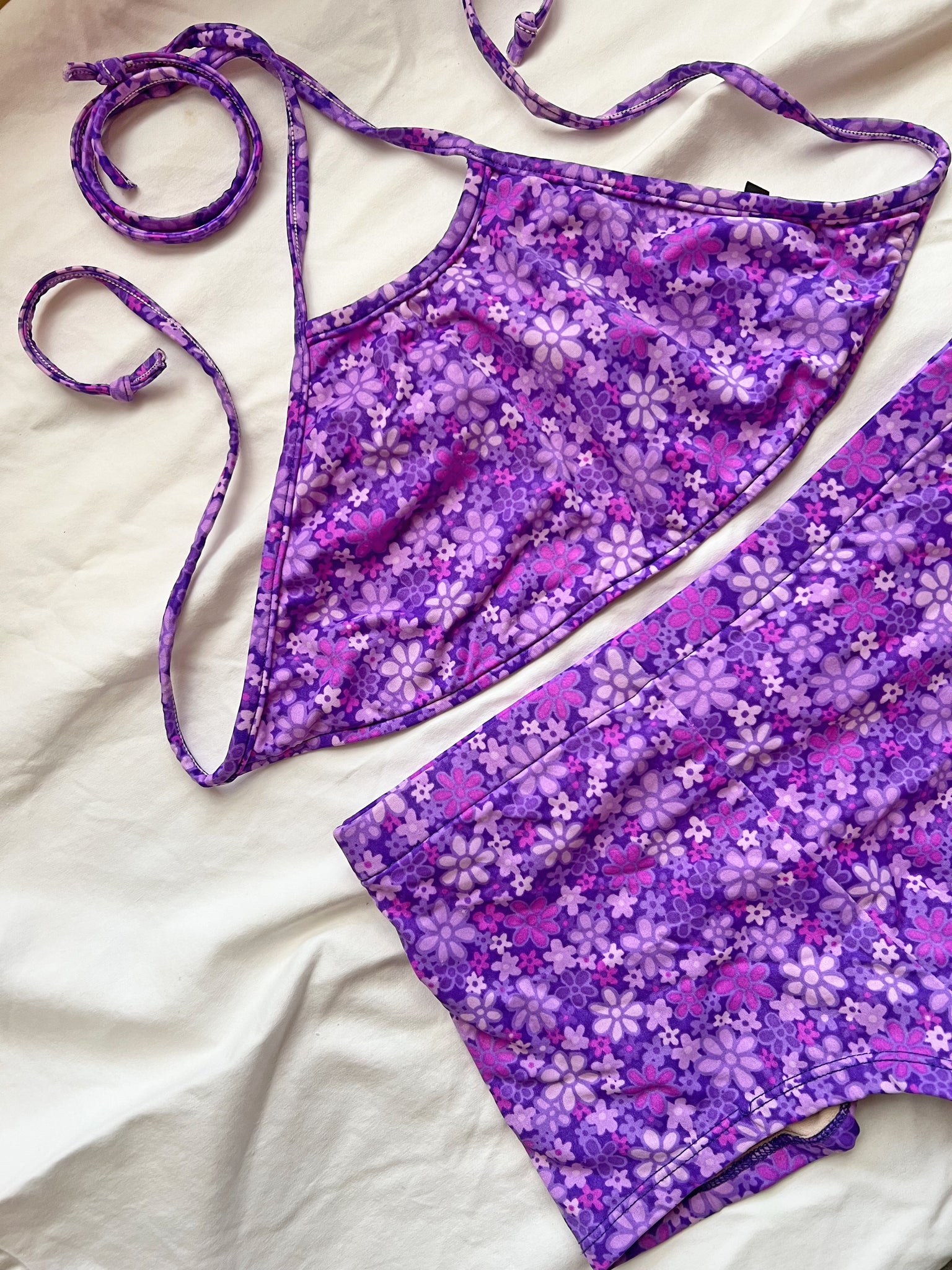 VINTAGE: Purple Halter & Shorts Bikini Set