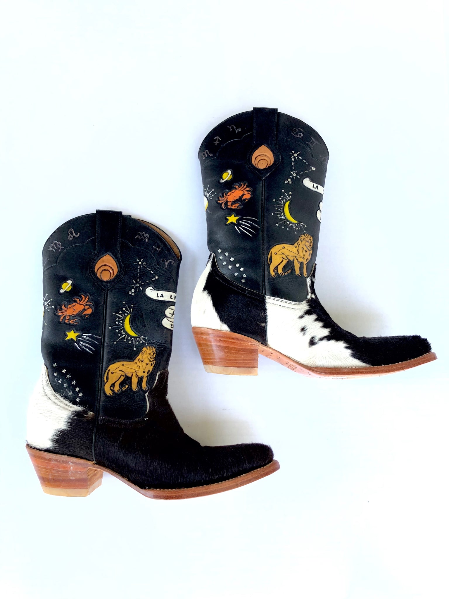 Vintage: Brother Vellies Cowhide & Astrology Cowgirl Boots
